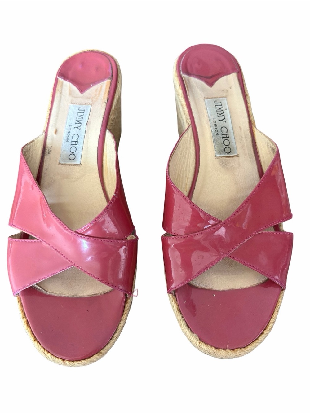 Jimmy Choo Phyllis Wedge Espadrille Rose Pink Patent Leather Sandal size 39 US 9